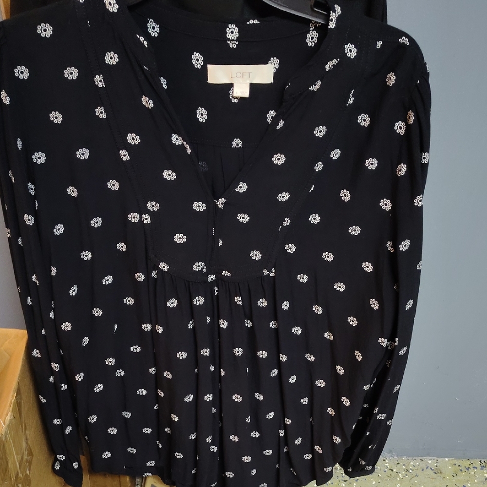 LOFT Black Blouse with White Floral Design